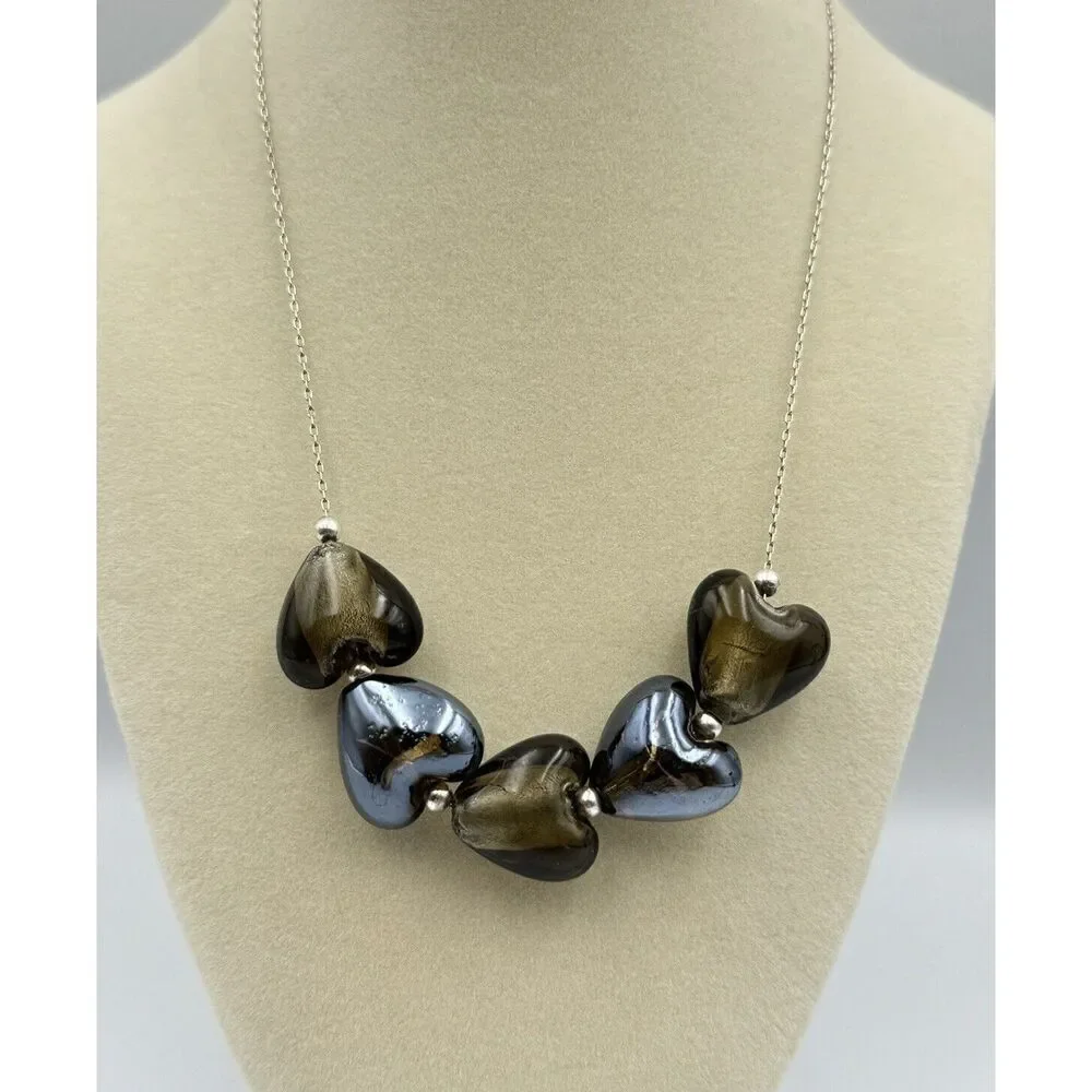 Sterling Silver Dichroic Lampwork Heart Glass Bead Necklace 16”-18” Boho Jewelry